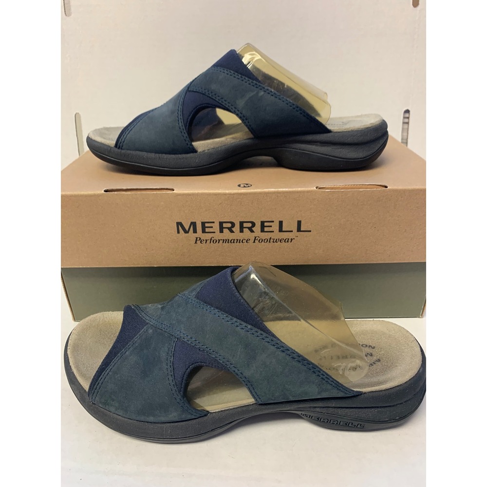 Merrell Topo Cross Navy Blue Nubuck Leather Air Cushion Slide Sandals Womens 7